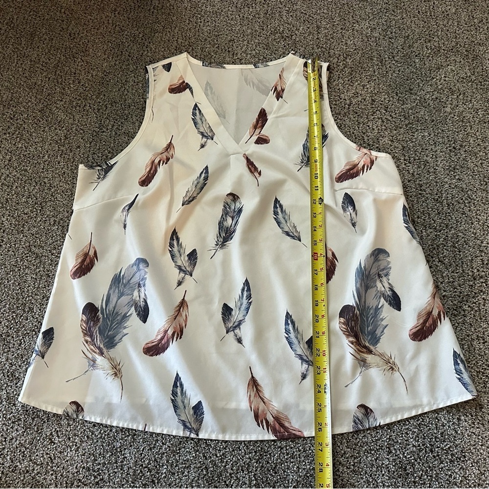 EMORY ROSE 1XL Ivory Brown Blue Feather Feathers Print Blouse - Picture 7 of 8